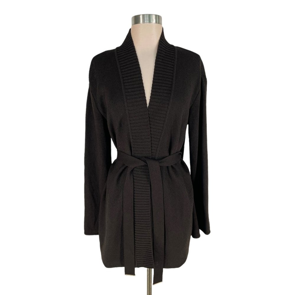 Dark Brown Rib-Trim Belted Cardigan Sweater - Women